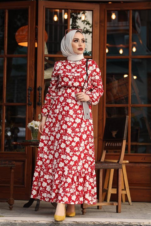 Papatya Desen Tesettür Elbise BLB 8800-16 Kırmızı