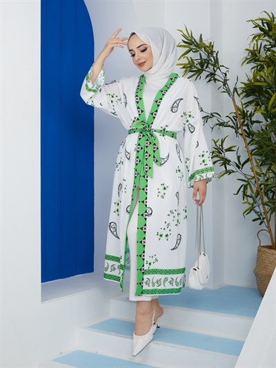 Çini Desenli Tesettür Kimono 10961 Yeşil