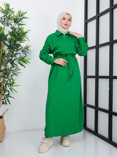 Fermuar Detaylı Tünel Kemerli Tesettür Elbise 6016 Yeşil